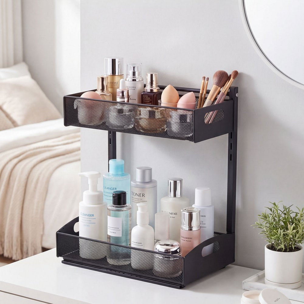 VEVOR Under Sink Organizer, 2 Pack 2-Tier Pull Out Cabinet Organizer with 4-Level Height Adjustment, Metal Slide Out