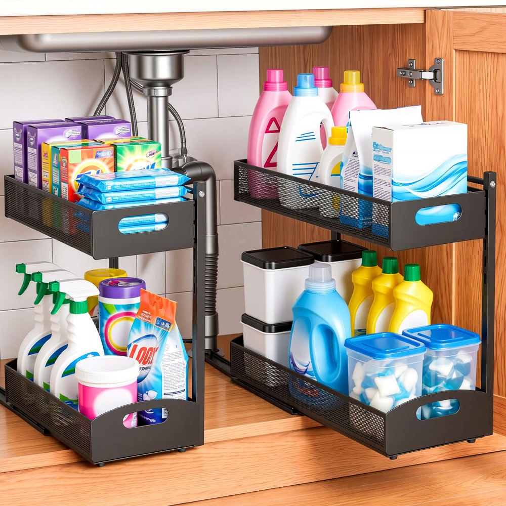 VEVOR Under Sink Organizer, 2 Pack 2-Tier Pull Out Cabinet Organizer with 4-Level Height Adjustment, Metal Slide Out