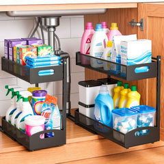 VEVOR Under Sink Organizer, 2 Pack 2-Tier Pull Out Cabinet Organizer with 4-Level Height Adjustment, Metal Slide Out