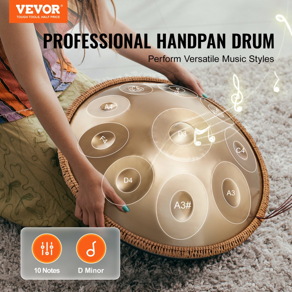 VEVOR Handpan Drum, 22 in & 10 Notes, D Minor Hand Drum, Hand Pan Drum Instrument with Mallets, 432Hz Handpan Stand &