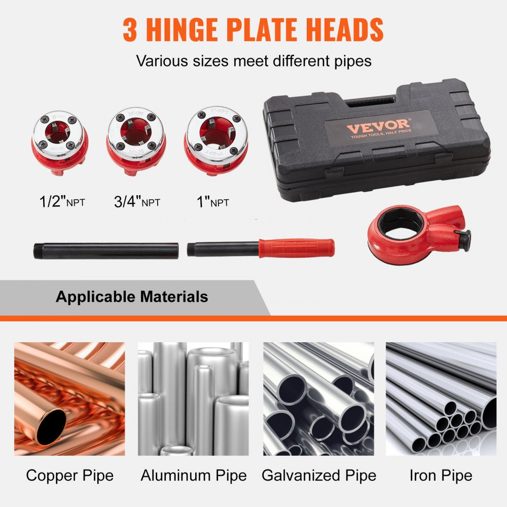 VEVOR Ratchet Pipe Threader Kit, 1/2" NPT, 3/4" NPT, 1" NPT Manual Ratcheting Pipe Threader, Portable Pipe Threading