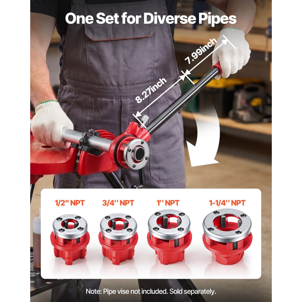 VEVOR Ratchet Pipe Threader Kit with 4 Dies, 1/2" NPT, 3/4" NPT, 1" NPT, 1-1/4" NPT Manual Ratcheting Pipe Threading