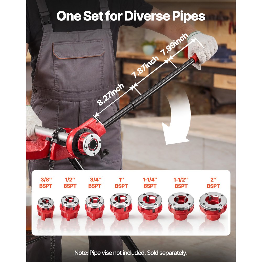 VEVOR Ratchet Pipe Threader Kit with 7 Dies, 3/8" BSPT to 2" BSPT Manual Ratcheting Pipe Threading Tool, Portable Pipes