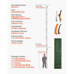 VEVOR Manual Pole Saw, 7.3-27 ft Extendable Tree Pruner, Sharp Steel Blade and Scissors High Branches Trimming, Branch