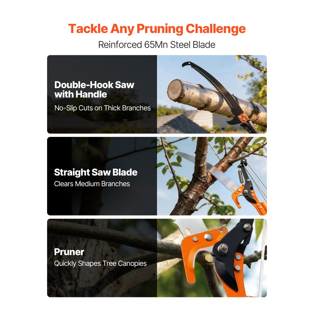 VEVOR Manual Pole Saw, 7.3-27 ft Extendable Tree Pruner, Sharp Steel Blade and Scissors High Branches Trimming, Branch
