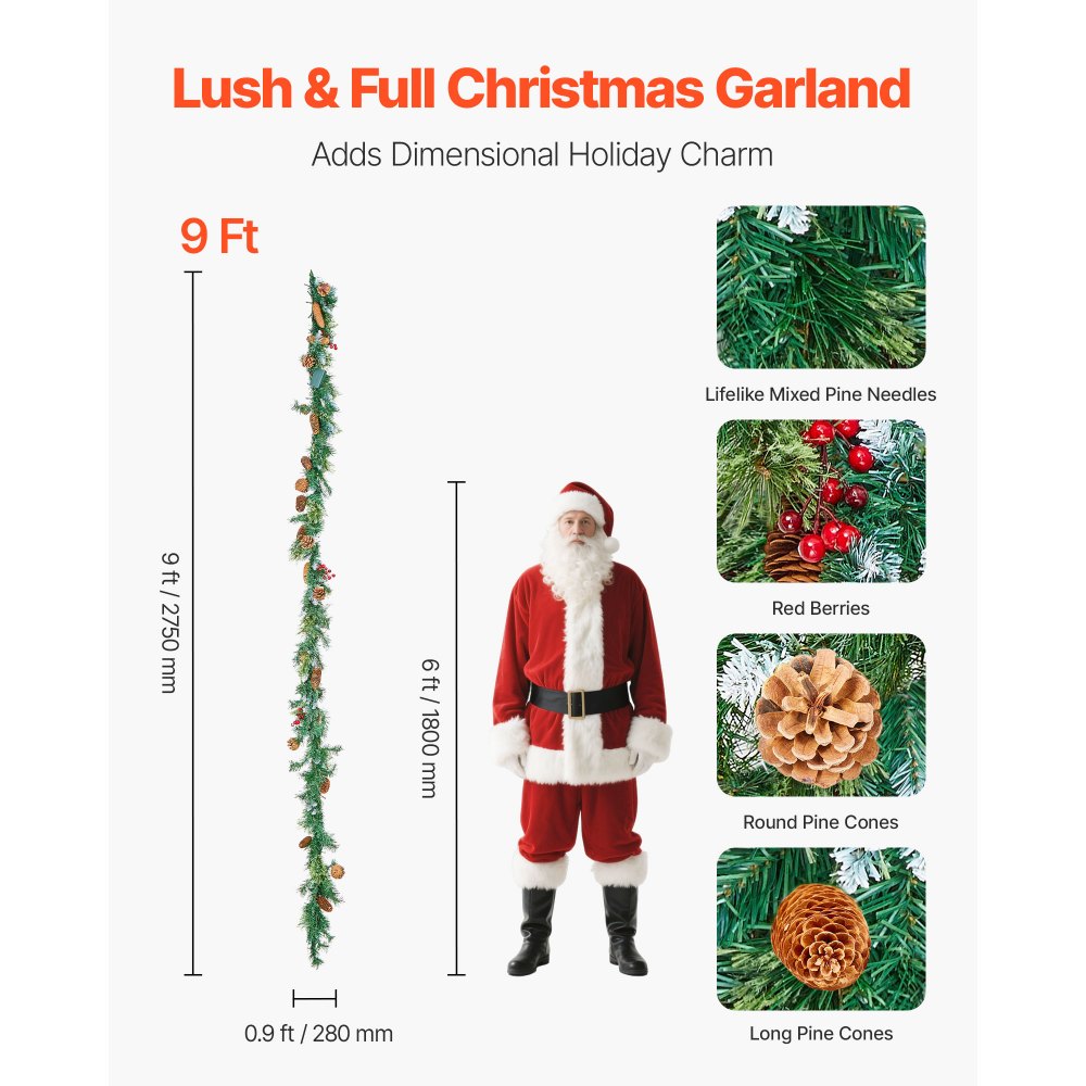 VEVOR Christmas Garland, 9-Ft Artificial Christmas Garland with Light String, Faux Greenery Decoration with Berry