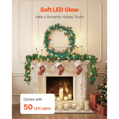 VEVOR Christmas Garland, 9-Ft Artificial Christmas Garland with Light String, Faux Greenery Decoration with Berry