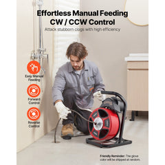 VEVOR Drain Cleaner Machine 50 FT x 1/2 Inch, Manual Feed Sewer Snake Auger with 4 Cutters & Air-Activated Foot Switch