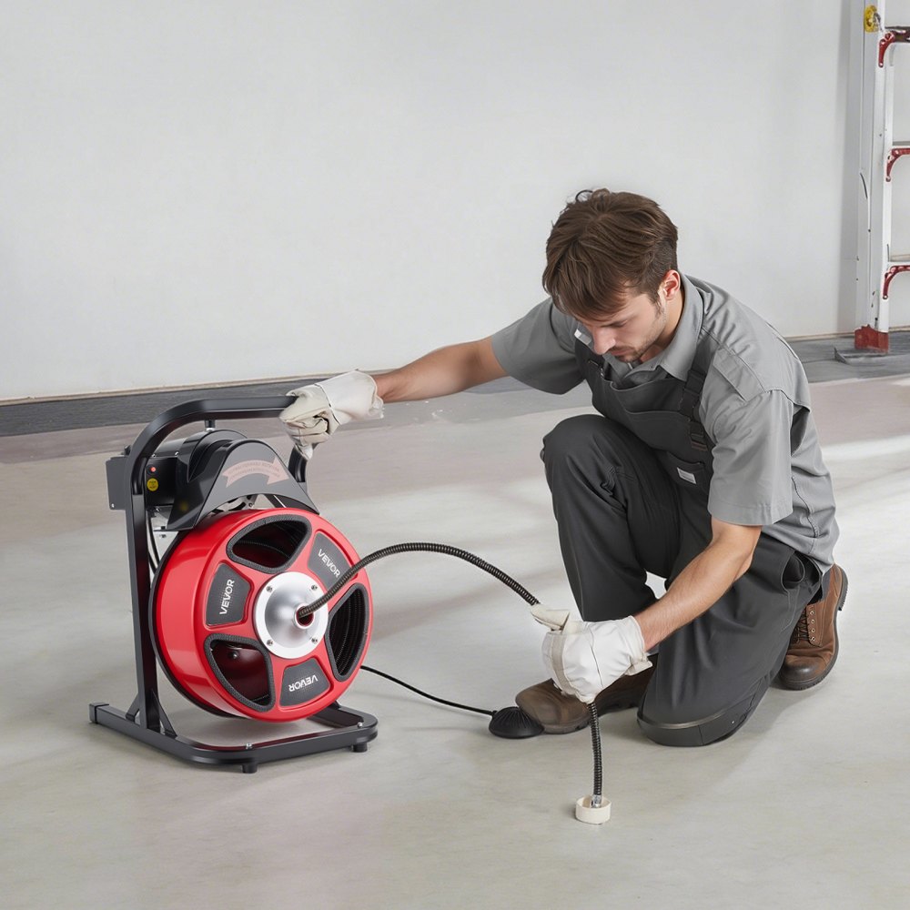 VEVOR Drain Cleaner Machine 50 FT x 1/2 Inch, Manual Feed Sewer Snake Auger with 4 Cutters & Air-Activated Foot Switch