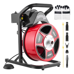 VEVOR Drain Cleaner Machine 50 FT x 1/2 Inch, Manual Feed Sewer Snake Auger with 4 Cutters & Air-Activated Foot Switch