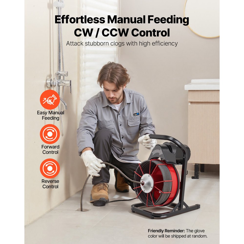 VEVOR Drain Cleaner Machine 75 FT x 1/2 Inch, Sewer Snake Auger Manual Feed with 4 Cutters & Air-activated Foot Switch