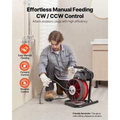 VEVOR Drain Cleaner Machine 75 FT x 1/2 Inch, Sewer Snake Auger Manual Feed with 4 Cutters & Air-activated Foot Switch