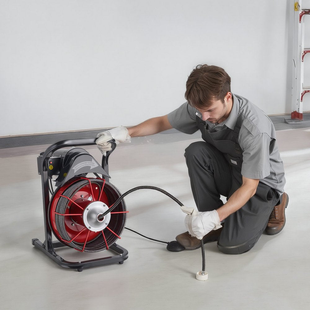 VEVOR Drain Cleaner Machine 75 FT x 1/2 Inch, Sewer Snake Auger Manual Feed with 4 Cutters & Air-activated Foot Switch