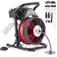 VEVOR Drain Cleaner Machine 75 FT x 1/2 Inch, Sewer Snake Auger Manual Feed with 4 Cutters & Air-activated Foot Switch