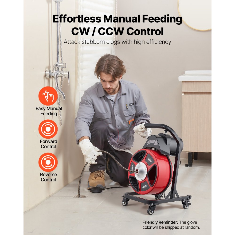 VEVOR Drain Cleaner Machine 50 FT x 1/2 Inch, Manual Feed Sewer Snake Auger on Wheels - with 4 Cutters & Air-activated
