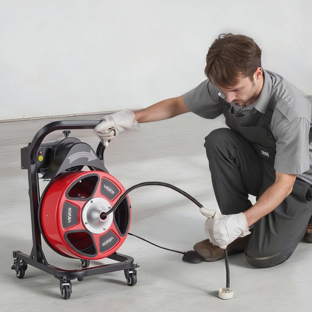 VEVOR Drain Cleaner Machine 50 FT x 1/2 Inch, Manual Feed Sewer Snake Auger on Wheels - with 4 Cutters & Air-activated