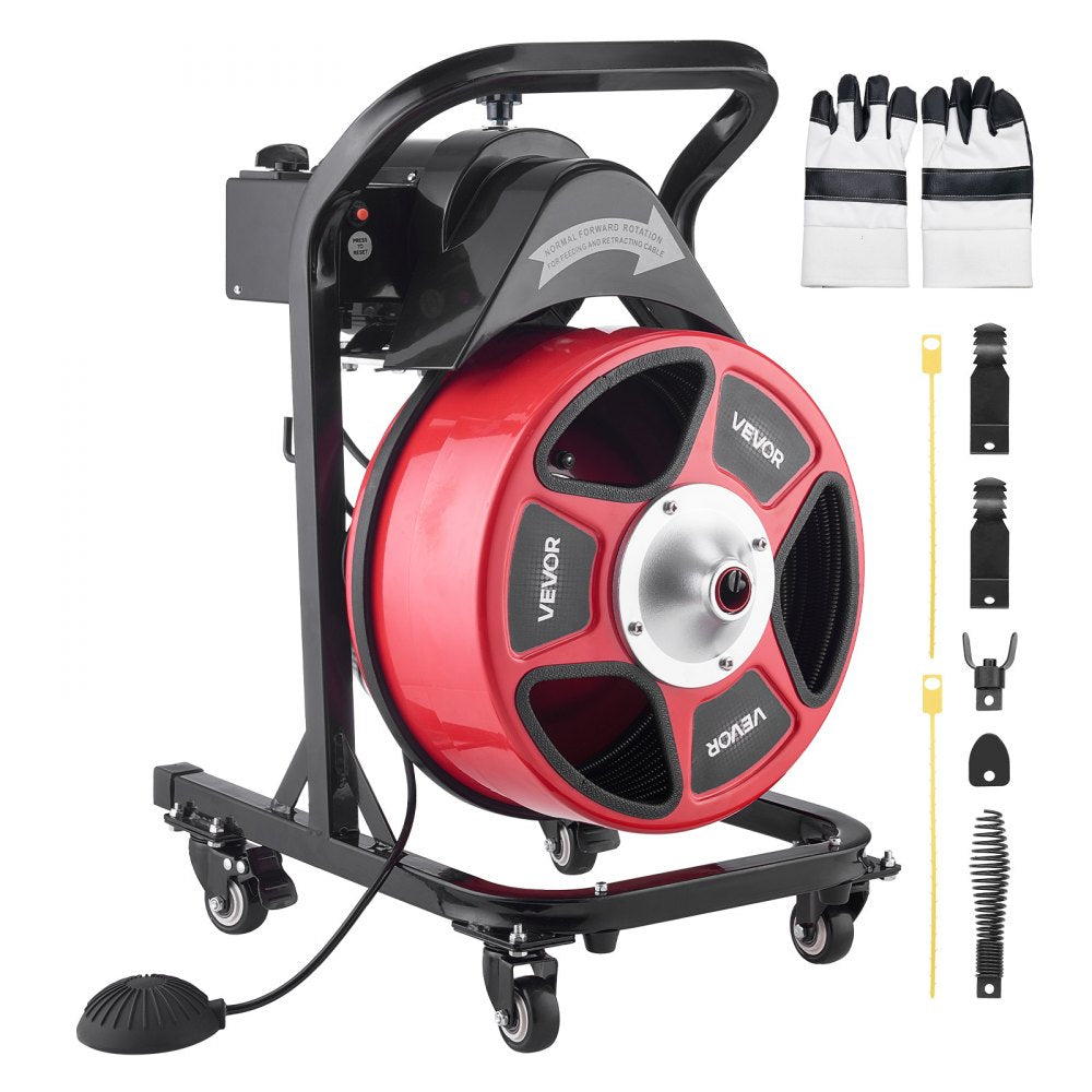 VEVOR Drain Cleaner Machine 50 FT x 1/2 Inch, Manual Feed Sewer Snake Auger on Wheels - with 4 Cutters & Air-activated