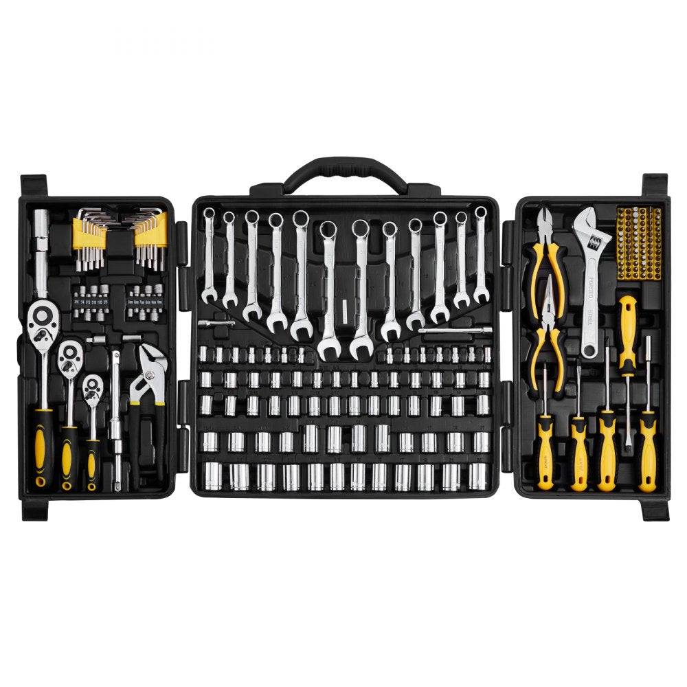 VEVOR 207-Piece Mechanics Tool Set, 1/4" 3/8" 1/2" Drive Sockets, SAE and Metric Mechanic Tool Kit with Bits, Wrenches
