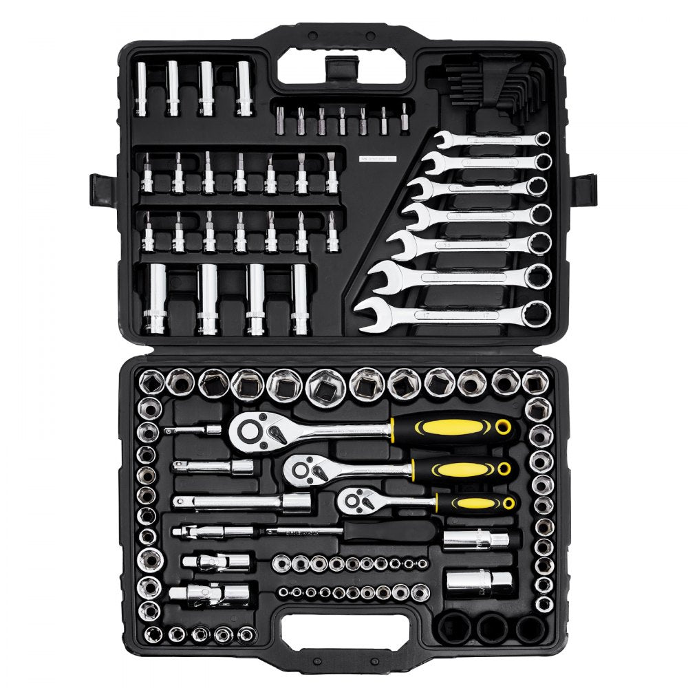VEVOR 121-Piece Mechanics Tool Set, 1/4" 3/8" 1/2" Drive Sockets, SAE and Metric Mechanic Tool Kit with Bits, Wrenches