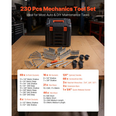 VEVOR Mechanics Tool Set, 230-Piece Mechanic Tool Kit, 1/4 in, 3/8 in, and 1/2 in Drive, SAE and Metric Socket Set