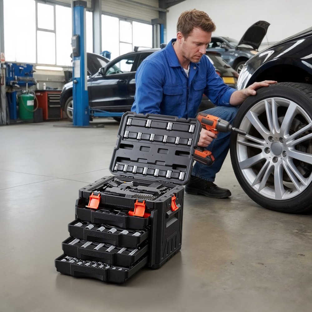 VEVOR Mechanics Tool Set, 230-Piece Mechanic Tool Kit, 1/4 in, 3/8 in, and 1/2 in Drive, SAE and Metric Socket Set