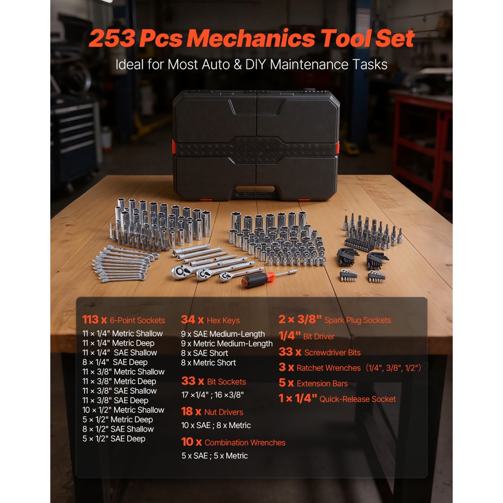 VEVOR Mechanics Tool Set, 253-Piece Mechanic Tool Kit, 1/4 in, 3/8 in, and 1/2 in Drive, SAE and Metric Socket Set