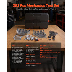 VEVOR Mechanics Tool Set, 253-Piece Mechanic Tool Kit, 1/4 in, 3/8 in, and 1/2 in Drive, SAE and Metric Socket Set