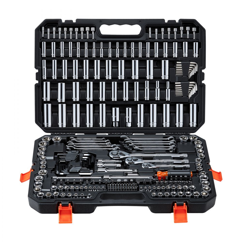 VEVOR Mechanics Tool Set, 253-Piece Mechanic Tool Kit, 1/4 in, 3/8 in, and 1/2 in Drive, SAE and Metric Socket Set