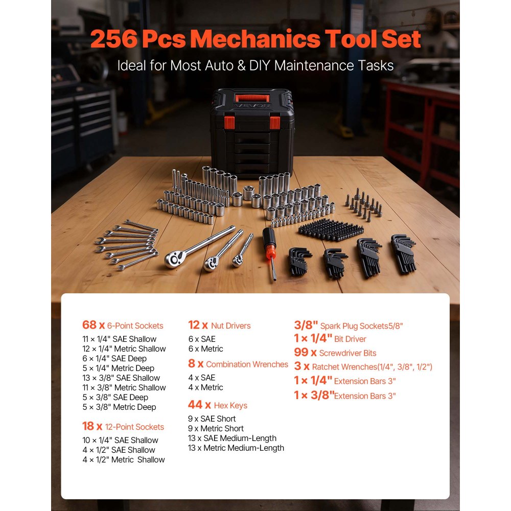 VEVOR Mechanics Tool Set, 256-Piece Mechanic Tool Kit, 1/4 in, 3/8 in, and 1/2 in Drive, SAE and Metric Socket Set