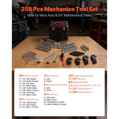 VEVOR Mechanics Tool Set, 256-Piece Mechanic Tool Kit, 1/4 in, 3/8 in, and 1/2 in Drive, SAE and Metric Socket Set