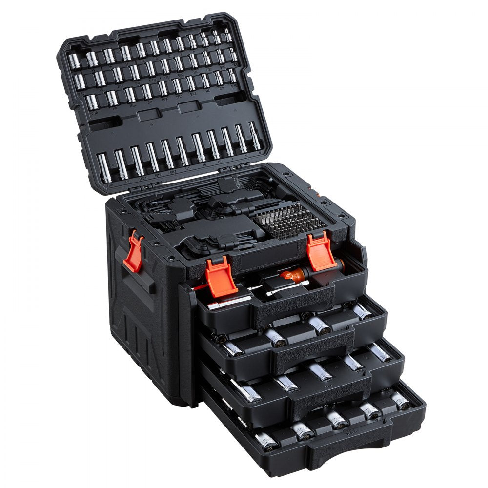 VEVOR Mechanics Tool Set, 256-Piece Mechanic Tool Kit, 1/4 in, 3/8 in, and 1/2 in Drive, SAE and Metric Socket Set