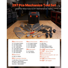 VEVOR Mechanics Tool Set, 297-Piece Mechanic Tool Kit, 1/4 in, 3/8 in, and 1/2 in Drive, SAE and Metric Socket Set