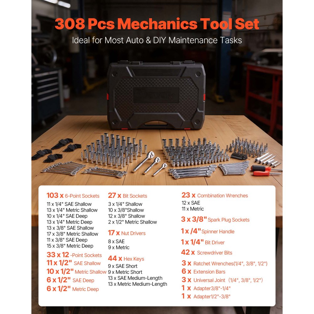 VEVOR Mechanics Tool Set, 308-Piece Mechanic Tool Kit, 1/4 in, 3/8 in, and 1/2 in Drive, SAE and Metric Socket Set