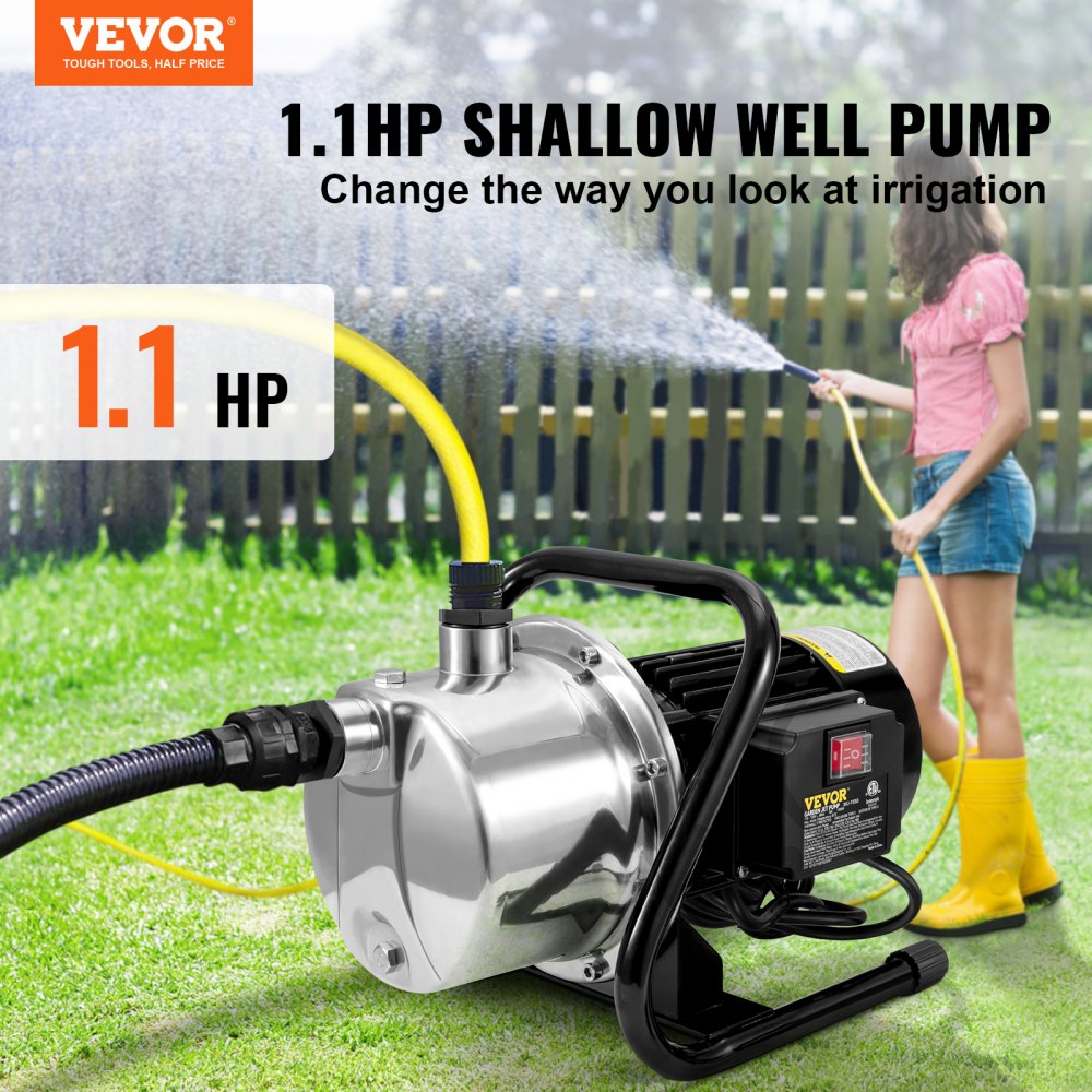 VEVOR Shallow Well Pump, 1.1 HP 115V, 978 GPH 131 ft Height, 40psi Max Pressure, Portable Stainless Steel Sprinkler