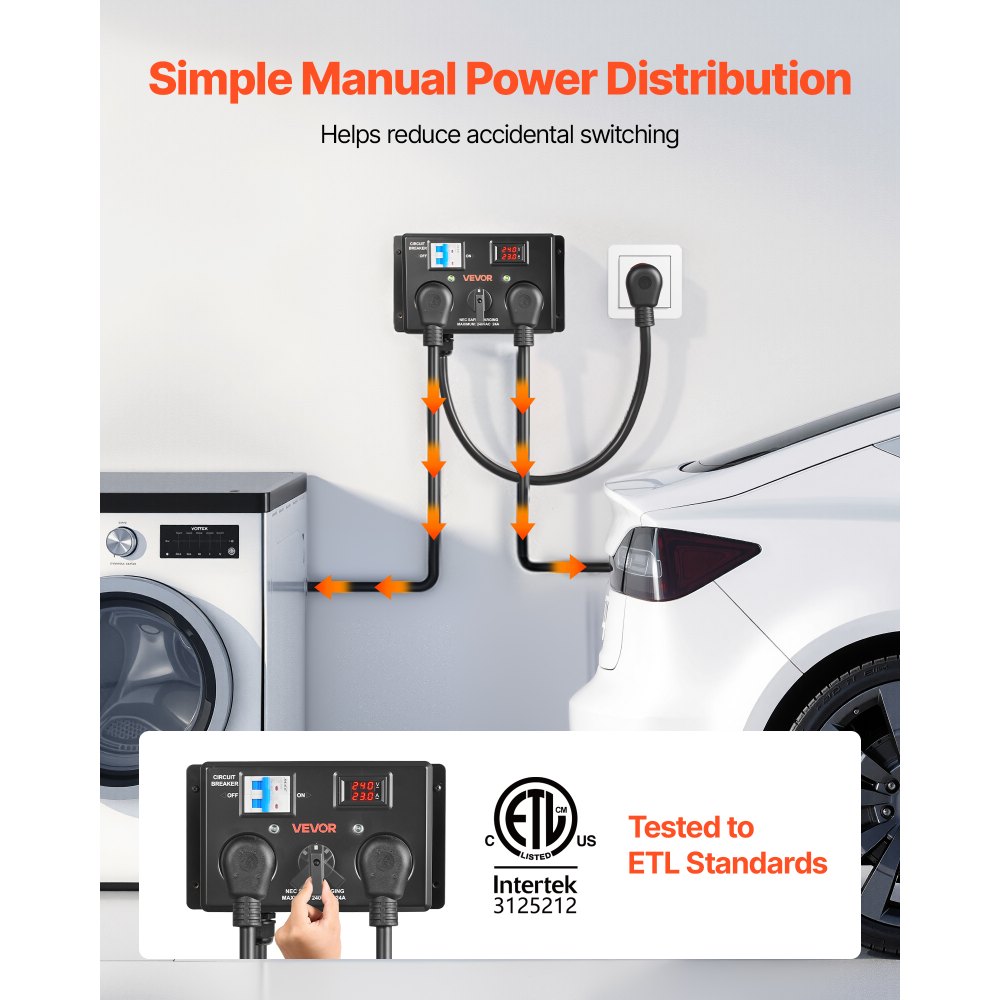 VEVOR Manual EV Charging Switch, NEMA 10-30, Splitter Switch for Dryer & EV, 24A Max 240V Manual Power Distribution