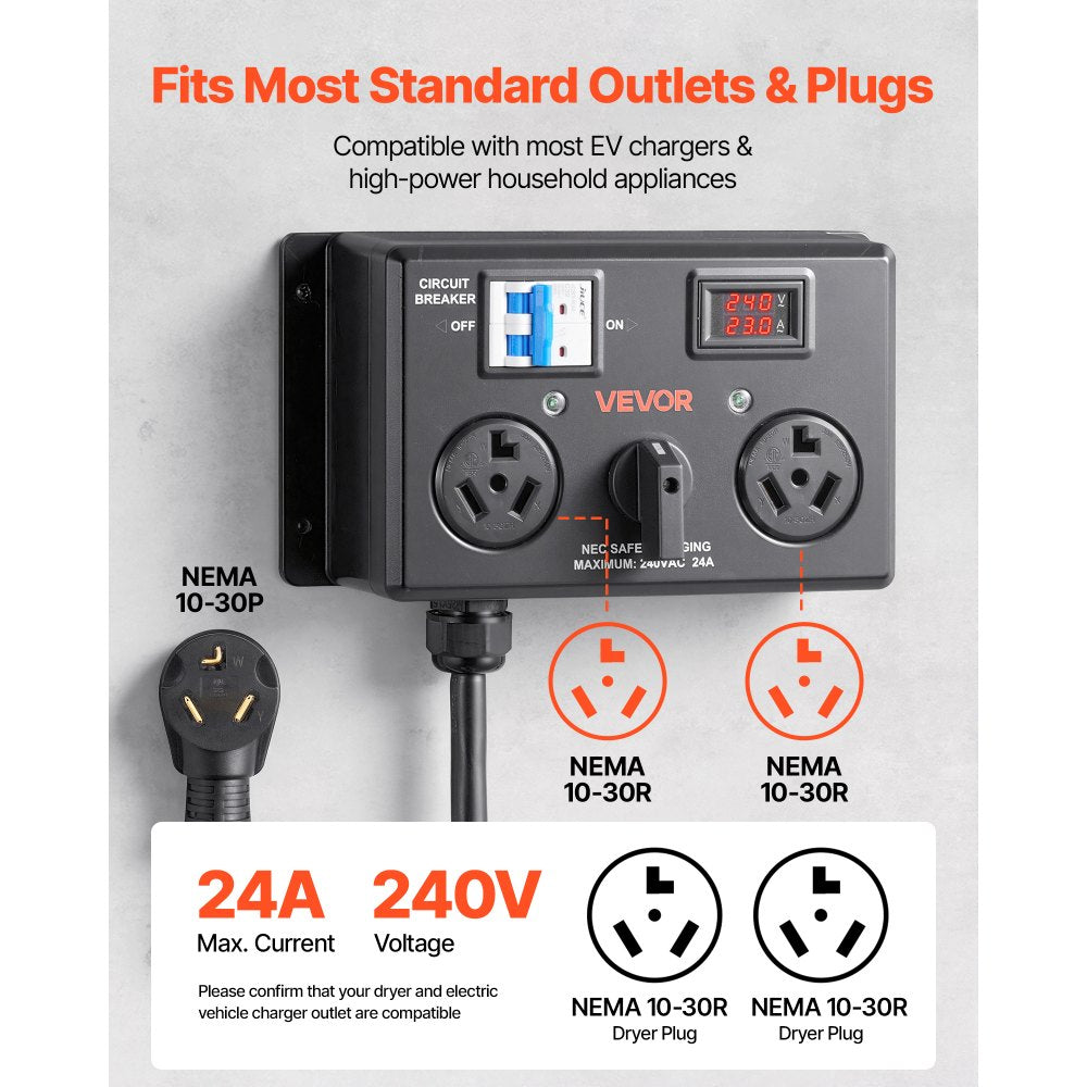 VEVOR Manual EV Charging Switch, NEMA 10-30, Splitter Switch for Dryer & EV, 24A Max 240V Manual Power Distribution