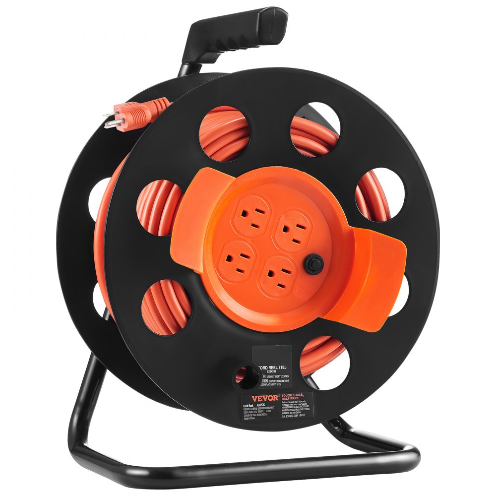 VEVOR Extension Cord Reel, 100FT, with 4 Outlets and Dust Cover, Heavy Duty 12AWG SJTOW Power Cord, Manual Cord Reel