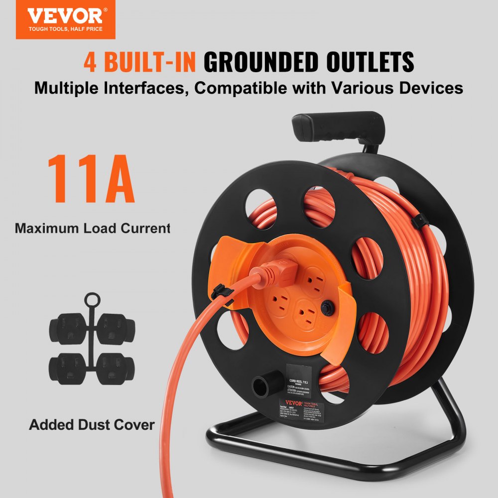 VEVOR Extension Cord Reel, 100FT, with 4 Outlets and Dust Cover, Heavy Duty 14AWG SJTOW Power Cord, Manual Cord Reel