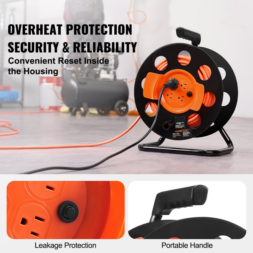 VEVOR Extension Cord Reel, 100FT, with 4 Outlets and Dust Cover, Heavy Duty 14AWG SJTOW Power Cord, Manual Cord Reel