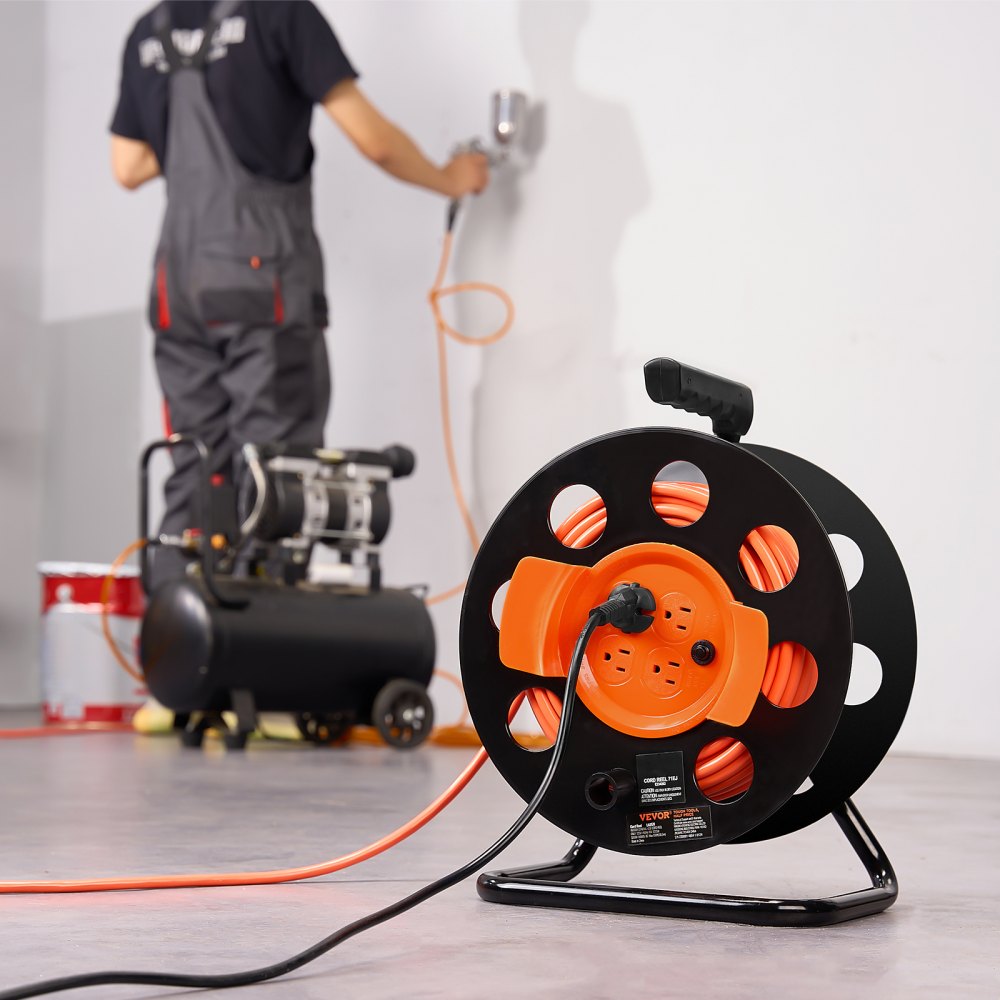 VEVOR Extension Cord Reel, 100FT, with 4 Outlets and Dust Cover, Heavy Duty 14AWG SJTOW Power Cord, Manual Cord Reel