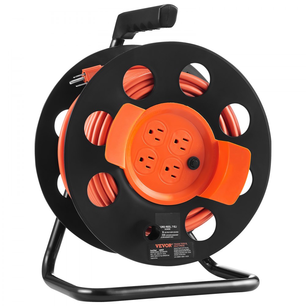 VEVOR Extension Cord Reel, 100FT, with 4 Outlets and Dust Cover, Heavy Duty 14AWG SJTOW Power Cord, Manual Cord Reel