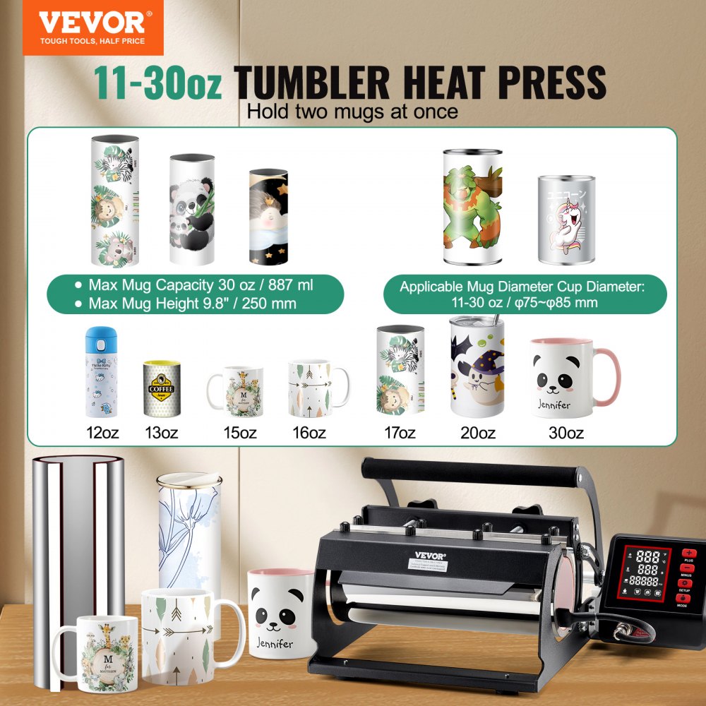 VEVOR Tumbler Heat Press Machine, 11-30oz Mug Press, Heat Up Fast and Even, Tumbler Press with Sublimation Paper, Tape