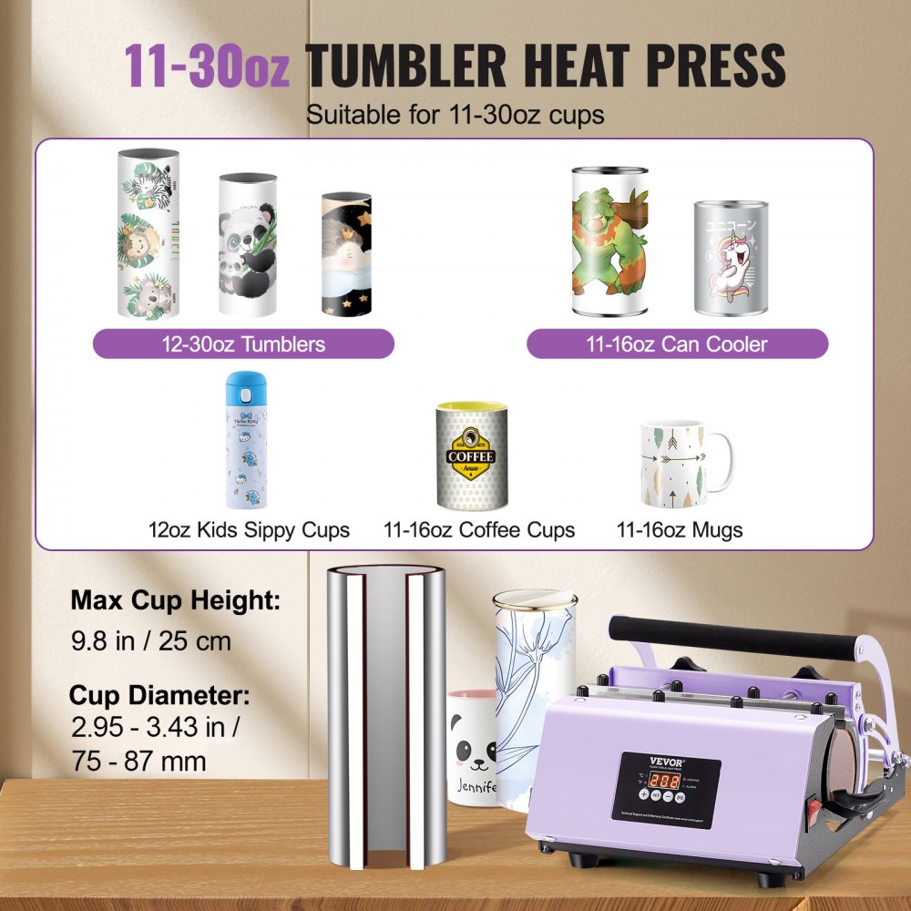 VEVOR Tumbler Heat Press Machine, 11-30oz Mug Press, Heat Up Fast and Even, Tumbler Press with Sublimation Paper, Tape