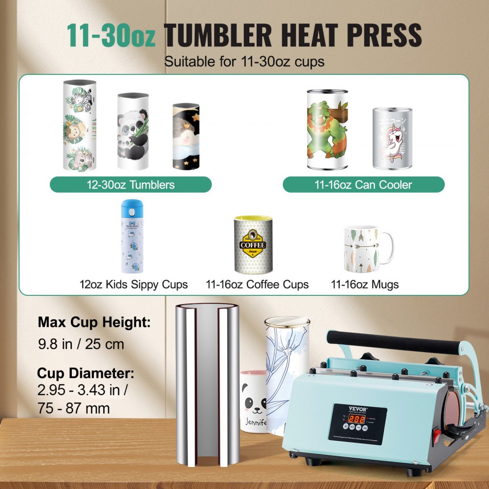 VEVOR Tumbler Heat Press Machine, 11-30oz Mug Press, Heat Up Fast and Even, Tumbler Press with Sublimation Paper, Tape