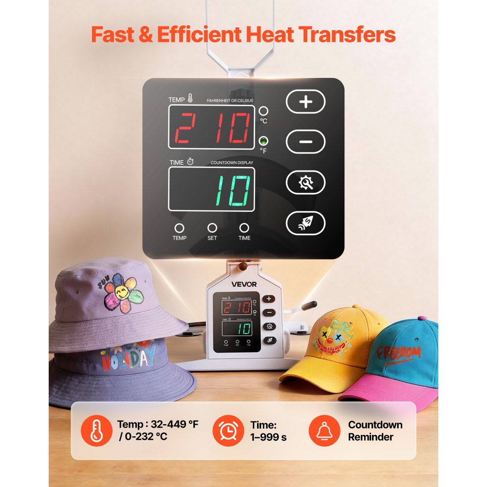 VEVOR Hat Heat Press Machine, 8.5 x 4 in Large Heating Plate, with Caps Stretcher, Precise Temperature & Time Control