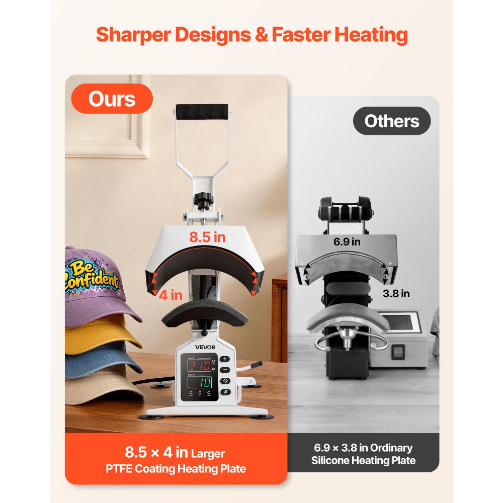 VEVOR Hat Heat Press Machine, 8.5 x 4 in Large Heating Plate, with Caps Stretcher, Precise Temperature & Time Control
