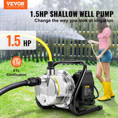 VEVOR Shallow Well Pump, 1.5 HP 115V, 1200 GPH 164 ft Height, 87 psi Max Pressure, Portable Stainless Steel Sprinkler