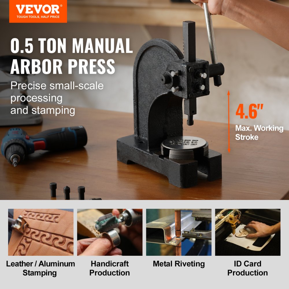 VEVOR Arbor Press, 0.5 Ton Manual Arbor Press, 4.6" Maximum Height, Cast Iron Heavy-duty Manual Desktop Arbor Press