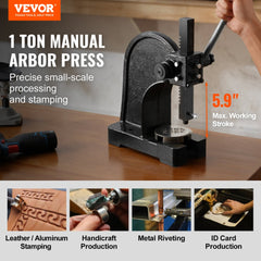 VEVOR Arbor Press, 1 Ton Manual Arbor Press, 5.9" Maximum Height, Cast Iron Heavy-duty Manual Desktop Arbor Press