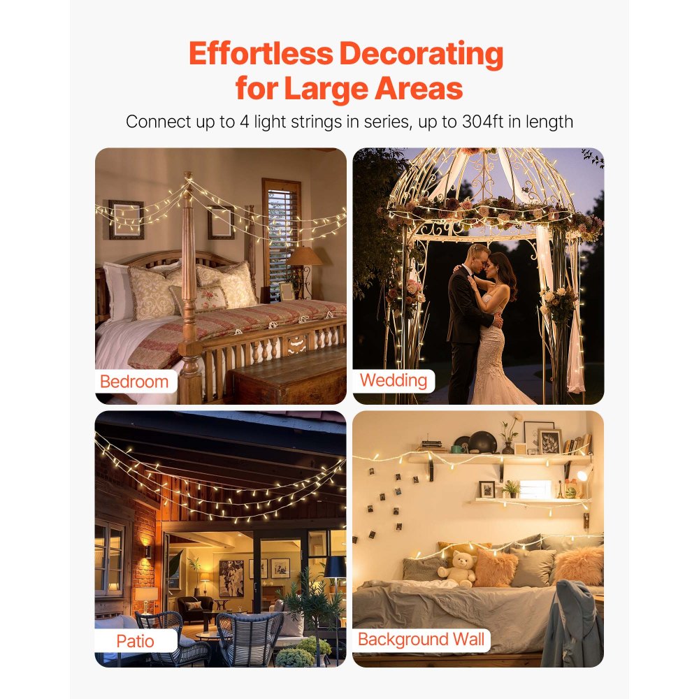 VEVOR LED Christmas String Lights, 200 LED, 76 ft Connectable Warm White Christmas Lights Outdoor, with 8 Modes, Auto